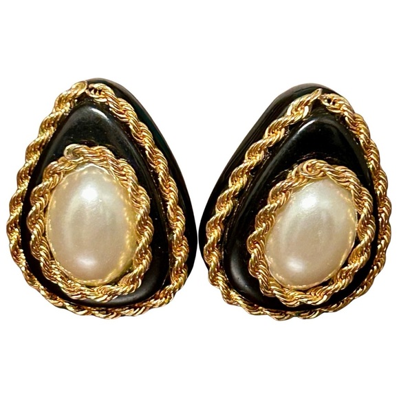 Jewelry - Elegant Black and Gold Earrings with Pearl Accent